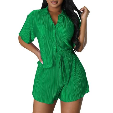 ZAZYULZ Women's 2 Piece Set Shirt Shirt Pants Suit Casual Short Sleeved V Neck Shirt Shorts Fashion Streetwear(Green,Xxl) - Walmart.com Short And Top Outfit, Short And Top, Straight Clothes, Set Outfits, Bodycon Fashion, Summer Fabrics, Short Suit, Evening Party Dress, Green Shorts