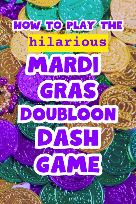 Mardi Gras Party Game Doubloon Dash With Mardi Gras Coins - fun Mardi Gras activity for kids and adults for Mardi Gras party! Funny Fat Tuesday Game to add to your Mardi Gras theme party! #mardigras #mardigrasgames #partygames #groupgame Mardi Gras Games For Adults, Mardi Gras Games For Kids, Mardi Gras For Kids, Mardi Gras Activities For Kids, Mardi Gras Party Games, Mardi Gras Games, Mardi Gras Theme Party, Mardi Gras Themed Party, Mardi Gras Party Ideas