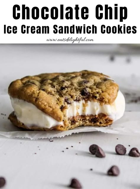 Chocolate Chip Ice Cream Sandwich Cookie on parchment paper with bite missing Ice Cream Sandwich Cookies Recipe, Chocolate Chip Ice Cream Sandwich, Ice Cream Sandwich Cookies, Ice Cream Cookie Sandwich Recipe, Cream Sandwich Cookies, Cookie Ice Cream Sandwiches, Homemade Ice Cream Sandwiches, Ice Cream Sandwiches Recipe, Cookie Ice Cream