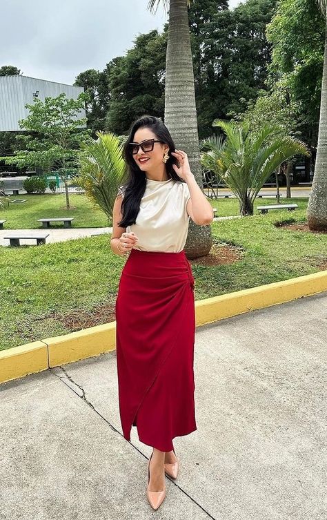 Classy Long Skirt Outfits, Red Long Skirt Outfit, Red And Beige Outfit, Cool Tone Outfits, Satin Top Outfit Classy, Modest Birthday Outfit, Red Satin Skirt, Red Long Skirt, Modest Girly Outfits