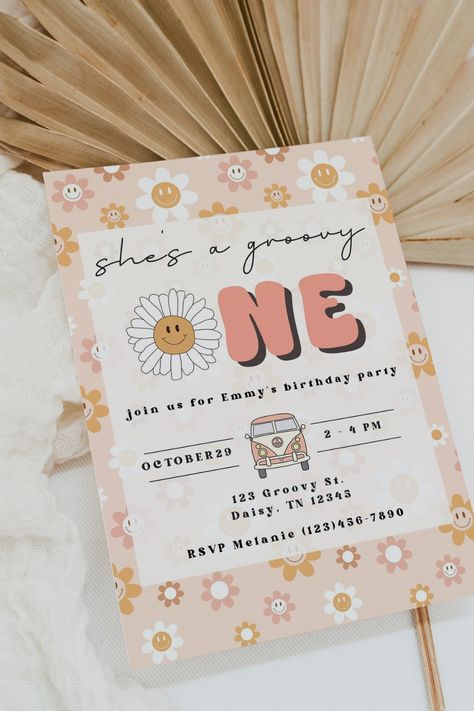 Groovy First Birthday Invitation, Groovy One 1st Birthday, Babygirl First Birthday Themes, She’s A Groovy One, Hippy Themed 1st Birthday Party, 1 Groovy Birthday Party, Groovy Babe Birthday Theme, Groovy One First Birthday Invitation, Groovy Little One Birthday