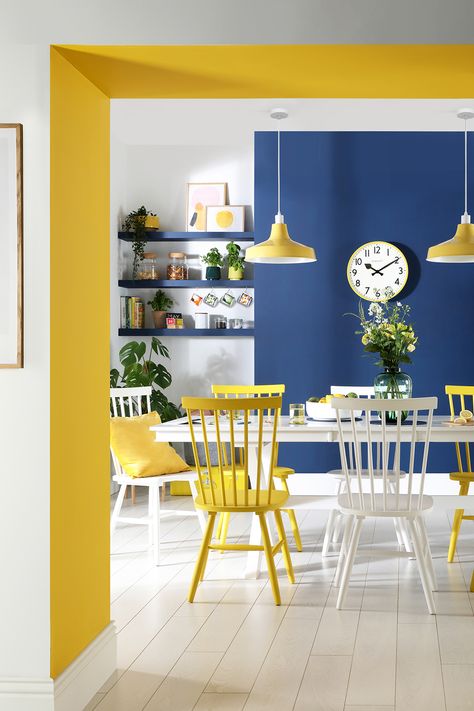 Yellow Accent Walls, Yellow Dining Room, Yellow Furniture, Yellow Room, White Dining Room, Yellow Home Decor, Yellow Decor, Yellow Interior, Room Color Schemes