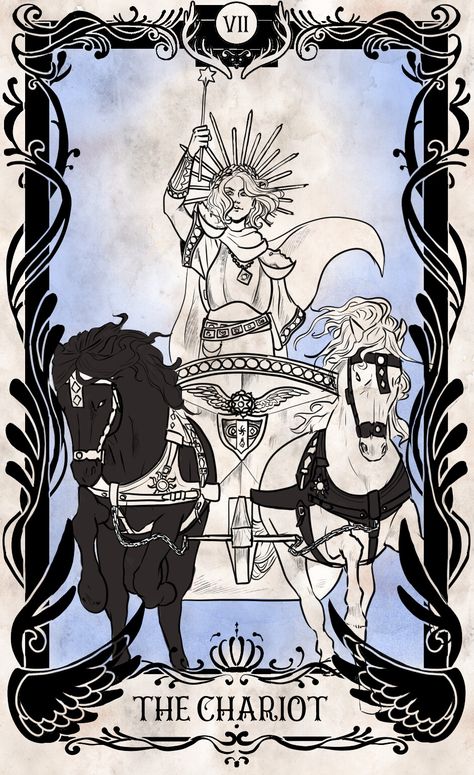 The Chariot Tattoo Tarot, The Chariot Tarot Aesthetic, The Chariot Tarot Card Art, Chariot Aesthetic, The Chariot Tattoo, The Chariot Tarot Tattoo, Chariot Tattoo, Sophiecore Aesthetic, Tarot Cards Illustration