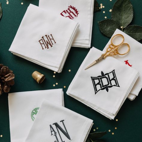 See our new embroidered monogrammed handkerchiefs just in time for holiday gift giving. Give him that little bit of personalized luxury. Monogrammed Handkerchiefs, Embroidered Handkerchief, Gift Giving, Holiday Gifts, Monogram, Gifts