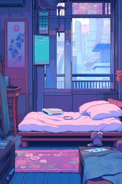 Lofi Art Night, Lofi Night, Desk Anime, Relaxing Wallpapers, Lofi Art, Purple Aesthetic Wallpaper, Fantasy Bedroom, Vaporwave Art, Iphone Wallpaper Sky