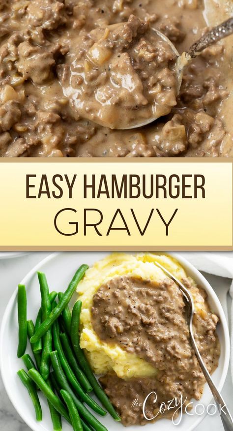 hamburger gravy on top of mashed potatoes with a side of green beans Hamburger Dinner Ideas Easy, Meat For Mashed Potatoes, Easy Hamburger Gravy Recipes, Recipes With Ground Beef And Sausage, Hamburger Gravy On Toast, Hamburger Gravy Over Biscuits, Hamburger Gravy Over Mashed Potatoes Ground Beef Easy Recipes, Ground Beef Gravy Noodles, Ground Beef Brown Gravy Mashed Potatoes