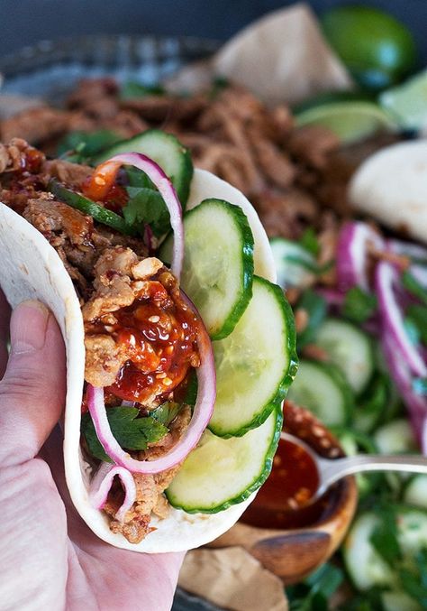 Pork Tenderloin Burrito, Gochujang Pork Tenderloin, Thai Pork Tenderloin Recipes, Asian Pork Tacos, Korean Pork Tacos, Spicy Pork Tacos, Bbq Pork Tacos, Tenderloin Tacos, Spicy Pork Tenderloin