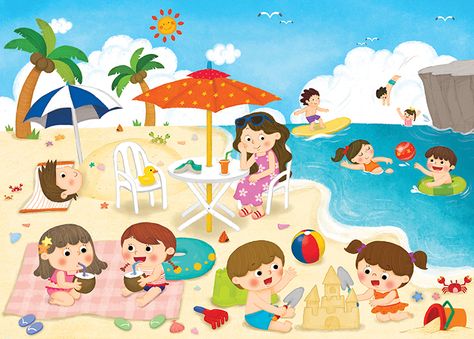 happy work Moon For Kids, Picture Story For Kids, Beach Cartoon, Kindergarten Decorations, Childrens Poems, Study Book, Picture Composition, Baby Play Activities, Beach Illustration