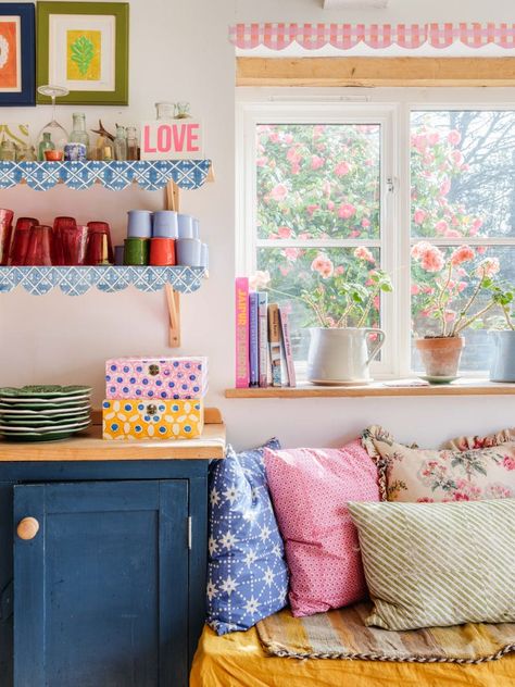 In This English Country Cottage, Crafty Decor Reads As Anything But Grannyish Eclectic Cottage Decor, Open Kitchen Shelving, Kitchen Shelving, Eclectic Cottage, Colorful Cottage, English Country Cottage, Crafty Decor, Open Kitchen Shelves, Wood Bedside Table