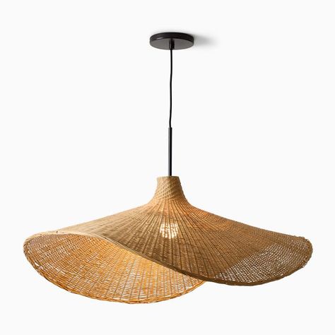 Callie Woven Pendant (25"–35") | West Elm Sunroom Living Room, Living Room Light Fixtures, Pendant Lighting Dining Room, Bamboo Shades, Bamboo Crafts, Outdoor Dining Furniture, Room Lights, West Elm, Soft Light