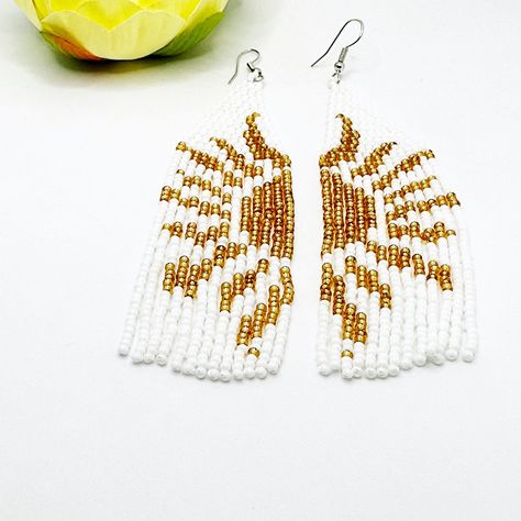 Gold Sunburst Fringe Earrings, Hand beaded White Fringe Earrings, Modern Boho Earrings, Contemporary Jewelry for Women by MyJewelryShed on Etsy White Fringe Earrings, Cruise Jewelry, Seed Bead Fringe Earrings, Bead Fringe Earrings, Beading Designs, Long Statement Earrings, Shoulder Duster Earrings, Duster Earrings, Beadwork Earrings