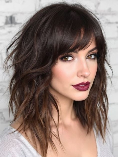 24 Stunning Winter Hairstyles with Bangs for 2025: Fresh Looks and Pro Tips Brunette Bangs Medium Length, Chocolate Brown Hair With Bangs, Dark Medium Length Hair, Whispy Curtains Bangs With Long Hair, Dark Brown Hair With Bangs, Dark Hair With Bangs, Chocolate Cherry Brown Hair, Shirt Hair Cuts, Brown Hair With Bangs