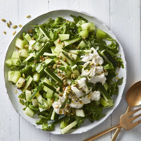 Cucumber Salad with Honeydew Melon & Burrata Honeydew Salad, Salad With Burrata, Soy Ginger Dressing, Burrata Recipe, Summer Vegetarian Recipes, Simple Salads, Cucumber Avocado Salad, Heart Healthy Diet, Protein Nutrition