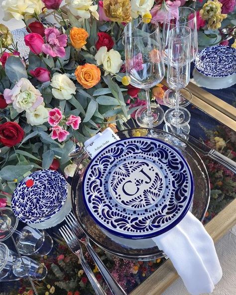 Fiesta Mexicana Wedding, Mexican Wedding Plates, Clase Azul Wedding, Blue And White Talavera Wedding, Talavera Quinceanera, Blue Talavera Wedding, Mexican Talavera Wedding, Talavera Wedding Decor, Blue Mexican Wedding