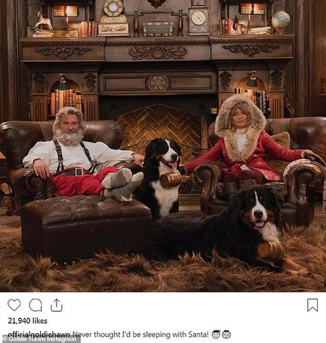 'Never thought I¿d be sleeping with Santa': Goldie Hawn shared nice but naughty snap with Kurt Russell from the set of The Christmas Chronicles on Thursday Kimberly Williams Paisley, The Christmas Chronicles, Goldie Hawn Kurt Russell, Christmas Chronicles, Oliver Hudson, Chris Columbus, Kimberly Williams, Kurt Russell, Goldie Hawn