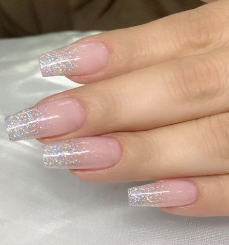 Glitter Ombre French Tips, Glitter French Tips Coffin, Basic Glitter Nails, French And Glitter Nails, Glitter Ombre Nails Square, Glitter Ombre Nails Coffin, Glittery French Tip Nails, French Tip With Glitter, Gradiant Nails