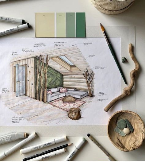 Sketch With Markers, Rendered Interior, Interior Design Portfolio Layout, Interior Design Sketchbook, Architecture Drawing Plan, Perspective Drawing Architecture, Interior Design Renderings, Interior Architecture Drawing, Interior Design Drawings