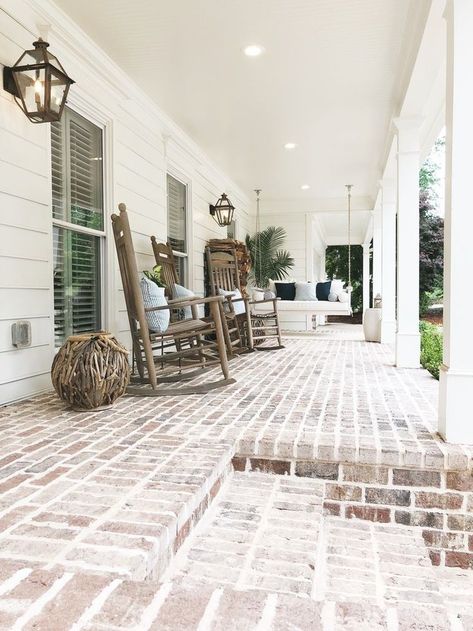 Brick Porch, Front Porch Swing, Rocking Chair Porch, Front Porch Design, Farmhouse Front Porches, Porch Flooring, Modern Farmhouse Exterior, Porch Design, Farmhouse Exterior