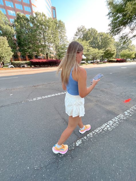 summer, charlotte, north carolina, downtown, fashion, walking, free people, hokas Colorful Hoka Outfit, Hoka Styling, Hoka Outfit Aesthetic, Hokas Outfit Ideas, Hoka Sneakers Outfit, Outfits With Hoka Shoes, White Hokas Outfit, Hokas Aesthetic, Hoka Outfits Women