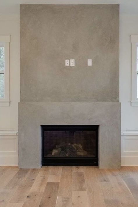 Concrete Finish Fireplace, Concrete Plaster Fireplace, Studio Mcgee Fireplace Ideas, Fireplace Drywall Surround, Square Fireplace Tv Wall, Modern Cement Fireplace, Cement Board Fireplace, Cast Concrete Fireplace Surround, Grey Plaster Fireplace