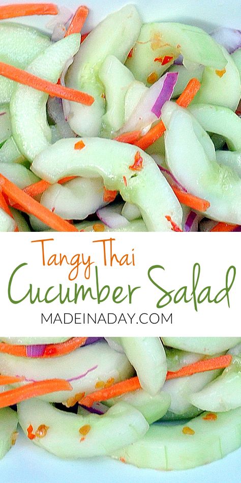 Tangy #Thai #Cucumber #Salad, Recreate this restaurant favorite at home! Tangy sweet marinated cucumbers. Recipe on madeinaday.com via @madeinaday Thai Cucumber, Thai Cucumber Salad, Marinated Cucumbers, Resep Salad, Breakfast And Brunch, Cucumber Recipes Salad, Cucumber Recipes, Asian Foods, Think Food