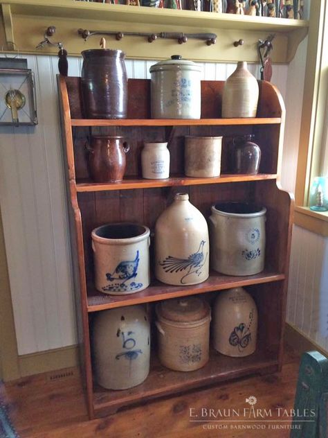 Crock Display, Bucket Bench, Farm Furniture, Antique Crocks, Primitive Living Room, Old Crocks, Primative Decor, Vintage Crock, Lancaster County Pa