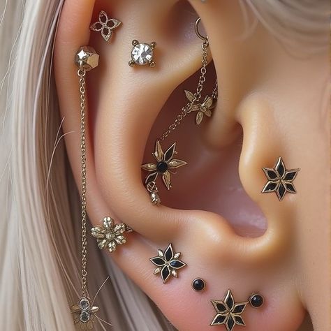 Simple and striking black ear style #blackearrings #silverearrings #halloweenjewelry #gothicglam #witchyvibes #elegantdarker #spookystatement #vintagehorror #jewelryinspo #fashionjewelry #earcuration #earstack #studhoop #hoopstud Goth Ear Piercings, Piercings Goth, Cool Ear Piercings, Gothic Glam, Ear Style, Ear Stack, Vintage Horror, Witchy Vibes, Halloween Jewelry