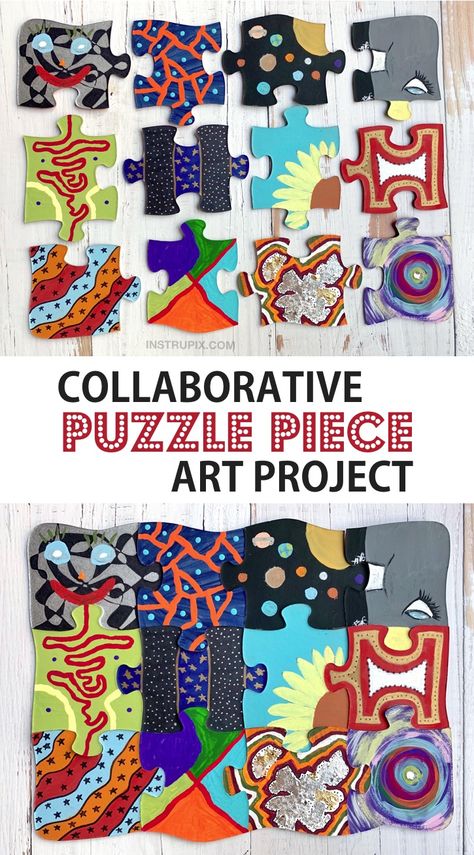 Fun DIY Puzzle Piece Craft Ideas (for kids & adults!) Diy Family Art Projects, Easy School Art Projects, Family Craft Ideas Diy Projects, Team Art Projects, Collaborative Puzzle Art Project, Diy Middle School Crafts, Arts And Crafts Club Ideas, Collaborative Family Art Projects, Art Projects That Take A Long Time