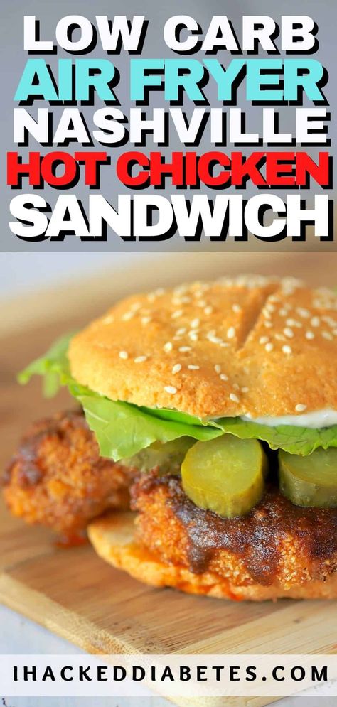 This delicious sweet and spicy Air Fryer Keto Nashville Hot Chicken Sandwich is just like you would get in a restaurant. #keto #lowcarb #recipe Air Fryer Nashville Hot Chicken, Nashville Hot Chicken Sandwich Recipe, Nashville Fried Chicken, Nashville Hot Chicken Sandwich, Spicy Chicken Sandwich, Airfryer Chicken, Low Carb Air Fryer, Hot Chicken Sandwiches, Air Fryer Keto