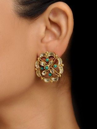 Turquoise Gold Tone Crystal Silver Earrings with Floral Design South Indian Jewellery, Indian Jewellery, Ear Cuff, Diamond Earrings, Silver Earrings, Gold Tones, Silver Jewelry, Floral Design, Cuff