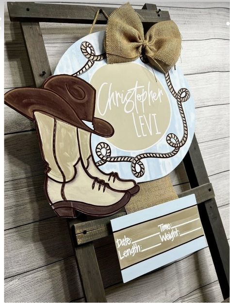 Western Door Hangers For Baby Boy, Baby Boy Door Hangers, Boot Door Hanger, Baby Boy Door Hanger, Boy Door Hanger, Hospital Door Hanger Girl, Hospital Door Signs, Horse Themed Bedrooms, Baby Door Hanger