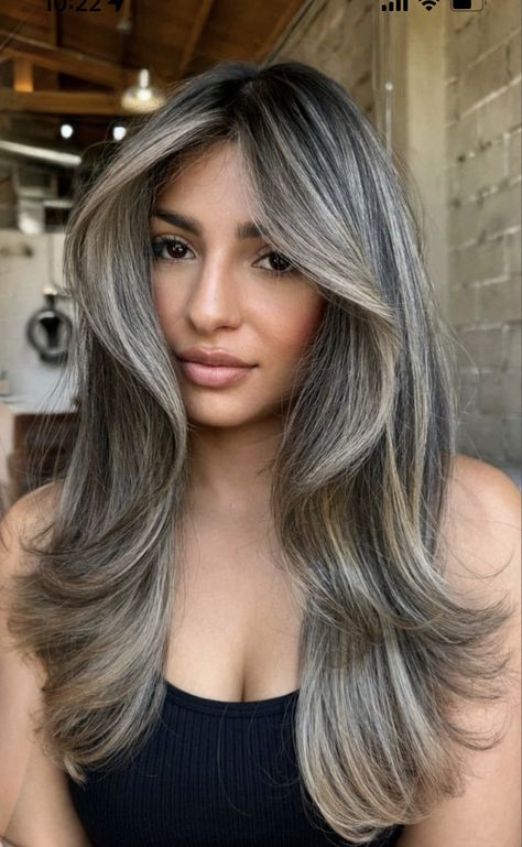 Brunette Hair With Grey, Brunette Hair With Grey Highlights, Ash Brown Highlights On Black Hair, Balayage Ash Grey, Grey Blending Highlights Brunette, Grey Blending Highlights, Brown Skin Blonde Hair, Highlights Inspiration, Ash Blonde Hair Balayage