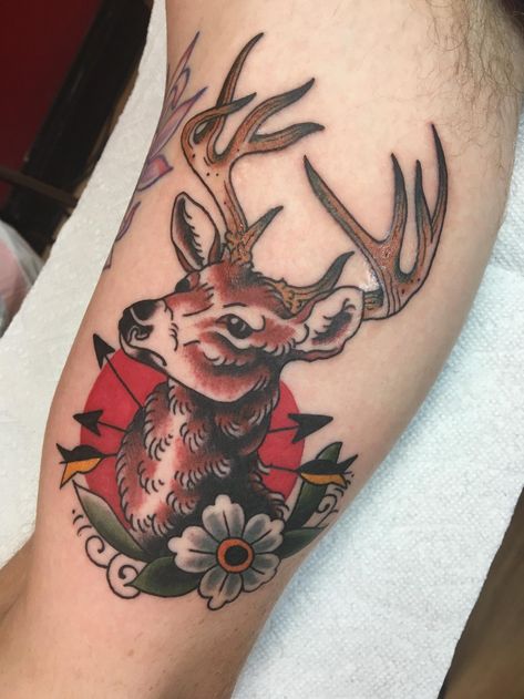 Traditional Deer Tattoo I Got Today - Album on Imgur Traditional Deer Tattoo, Deer Tattoo Meaning, Buck Tattoo, Deer Head Tattoo, Elk Tattoo, Antler Tattoo, Deer Tattoo Designs, Stag Tattoo, Tato Tradisional