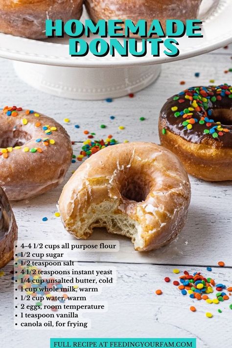 homemade donuts with a bite out of one donut Donut Cake Ideas, Soft Donut Recipe, Donut Recipe Easy, Fluffy Donut Recipe, Make Donuts At Home, Donut Recipe Fried, Donuts Fried, Donuts Shop, Mini Donut Recipes