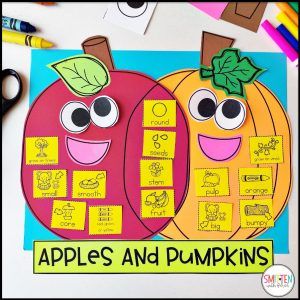 Craftivity Kindergarten, Fall Craftivity, Pumpkin Activities Kindergarten, Compare Contrast Activities, Pumpkin Learning, Apples And Pumpkins, Pumpkins Kindergarten, Apple Classroom, Apple Kindergarten