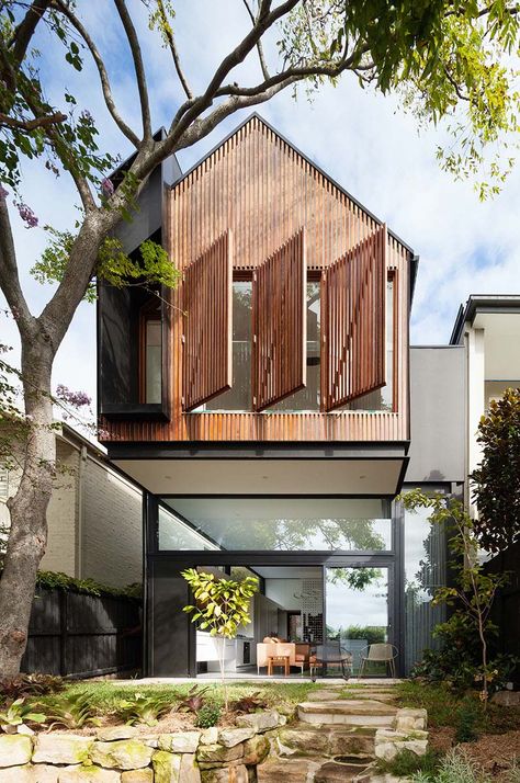 This modern sustainable home was designed by architectural firm Day Bukh Architects, located in Randwick, a suburb of Sydney, NSW, Australia. Cantilever Architecture, Architecture Renovation, Exterior Cladding, Window Shutters, Design Exterior, Wood Windows, House Roof, Eco House, Sustainable Architecture