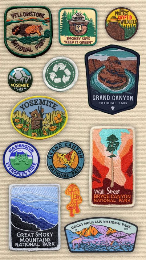 #patches #patchwork #nationalparks #nature #granolagirl #granola Adventure Graphic Design, Granola Aesthetic, National Park Patches, Company Swag, Girl Patches, National Park Shirt, Crunchy Granola, Travel Patches, Camping Aesthetic