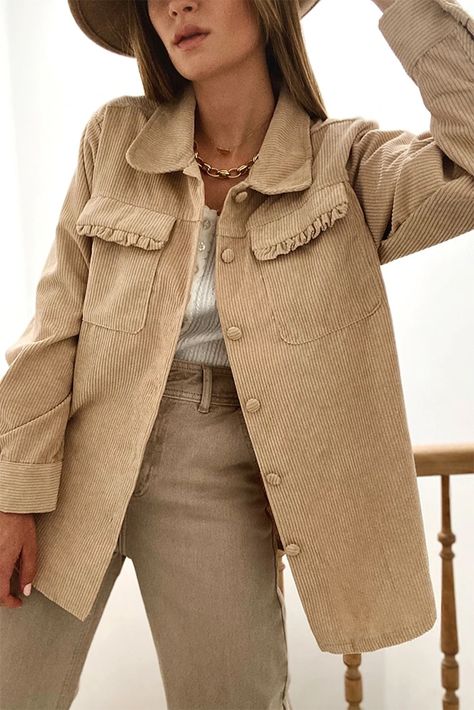 $9.6 Light French Beige Solid Frilled Flap Pocket Button Up Corduroy Shacket Wholesale Corduroy Shacket, Romper And Jacket, Casual Vest, Corduroy Fabric, Pocket Jacket, Pocket Shirt, Corduroy Jacket, Long Sleeves Jacket, Casual Jacket