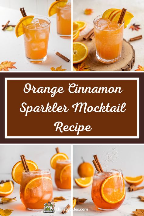 "Discover the perfect Orange Cinnamon Sparkler Mocktail Recipe! This delightful non-alcoholic cocktail combines zesty orange and warm cinnamon for a refreshing twist. Ideal as a festive drink recipe, this sparkling beverage is perfect for holiday gatherings. Impress your guests with this easy-to-make orange mocktail that captures the essence of the season. Cheers to a delicious cinnamon drink that everyone can enjoy!" Orange Mocktails Non Alcoholic, Mocktail With Orange Juice, Orange Drinks Nonalcoholic, Thanksgiving Mocktails Non Alcoholic, Holiday Mocktail Recipes, Thanksgiving Mocktail Recipe, Orange Mocktail, Drinks Mocktail, Orange Simple Syrup