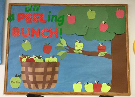 Fall Bulletin Boards Apples, Apple Orchard Bulletin Board, Johnny Appleseed Bulletin Board Ideas, Apple Tree Bulletin Board Ideas, Apple Tree Bulletin Board, Apple Bulletin Board Ideas, Apple Theme Classroom, Apple Bulletin Boards, Preschool Door Decorations