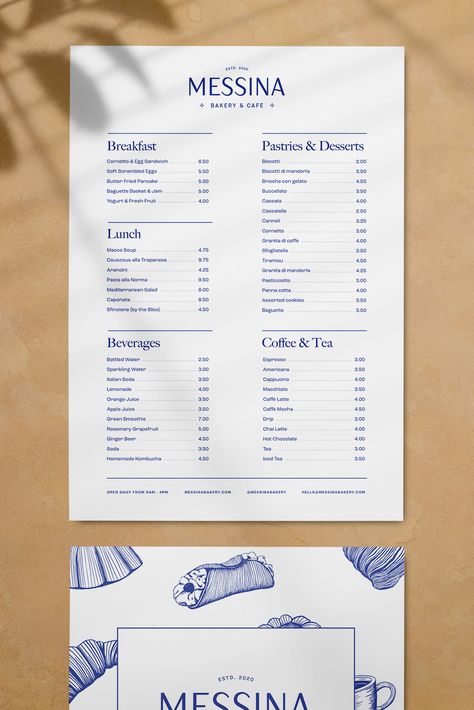 Menu Design for Messina Bakery & Cafe #branding #identity #hospitality #print Outside Menu Board Restaurant, Cafe Portfolio Design, Coffee Menu Graphic Design, Bar Menu Card Design, Menu For Bakery, Take Out Menu Design, Cute Cafe Menu Design, Menu Bakery Design, Menue Design Ideas