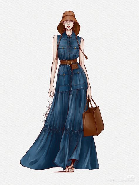 Denim Dress Drawing, Korean Fashion Illustration, Fusion Wear Illustration, Fashion Illustration Short Dresses, Denim Dress Illustration Sketch, Denim Drawing Fashion Illustrations, Fashion Illustration Sheer Dress, Corset Fashion Outfits, Fashion Illustration Poses