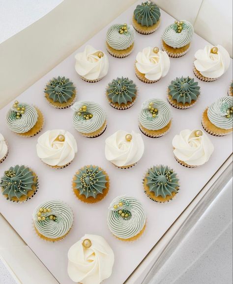 Sage White And Gold Cupcakes, White Green Cupcakes, Sage Green Cupcake Ideas, Small Wedding Cake Sage Green, Green White And Gold Cupcakes, Sage Green Tan And White Wedding, Sage And Cream Cupcakes, Sage Green White And Gold Dessert Table, Bohemian Cupcakes Ideas