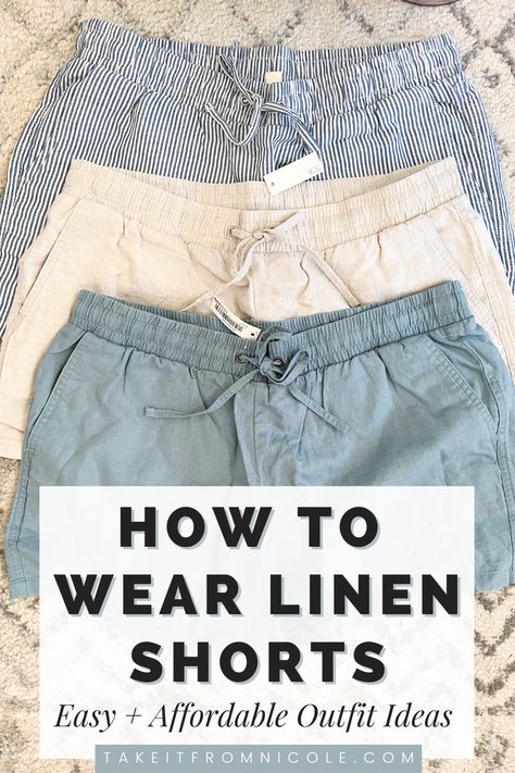 Linen shorts outfit ideas. What to wear with linen shorts. Linen shorts outfit summer. White linen shorts outfit. Cream shorts outfit. Blue Linen Shorts Outfit Summer, Cream Shorts Outfit Summer, White Linen Shorts Outfit Women, What To Wear With Linen Shorts, How To Wear Linen Shorts, Linen Shorts Outfit Plus Size, Striped Linen Shorts Outfit, Cream Linen Shorts Outfit, Tan Linen Shorts Outfit