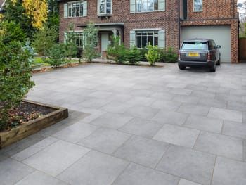 Driveway Pavers, Block Paving Slabs, Large Driveway Tiles & Finishes | Marshalls Porcelain Driveway, Driveway Pavers Design, Driveway Tiles, Driveway Paving Stones, Front Driveway Ideas, Driveway Materials, Block Paving Driveway, Permeable Driveway, Modern Driveway