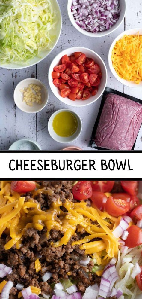 The ingredients and to make cheeseburger bowls and the finished dish. Cheese Burger Bowl Recipe, Blooming Onion Burger Bowl, Cheeseburger Bowl Low Carb, Cheese Burger Bowl, Low Calorie Cheeseburger, Cheeseburger Bowl, Delicious Bowls, Burger Bowl, Burger Bowls