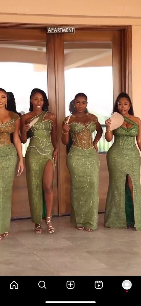 African Green Dress, Light Green Asoebi, Sunday Wedding Thanksgiving Dress Ghana, Olive Green Bridesmaid Dress Black Women, Nigerian Wedding Aesthetic, Bridesmaid Kente Styles, Liputa Dress Styles, Bridesmaids Dresses Black Women, Nigerian Wedding Bridesmaid Dresses