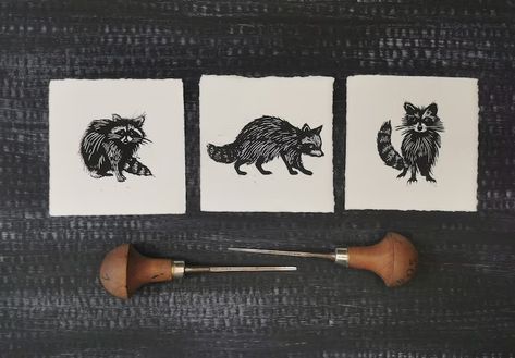 Raccoons Original Lino Prints Set Hand Printed Linocut - Etsy Canada Raccoon Linocut, Patches Ideas, Lino Prints, Linoleum Block, Linocut Art, Paint Roller, Block Printing, Lino Print, Woodblock Print