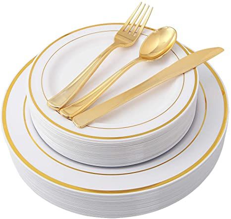 100 Piece Gold Plastic Plates with Gold Silverware, Premium Plastic Dinnerware Set Includes : 20 Dinner Plates, 20 Dessert Plates, 20 Forks, 20 Knives and 20 Spoons Gold Plastic Silverware, Friendsgiving Decorations, Gold Plastic Plates, White Plastic Plates, Plastic Dinnerware Sets, Gold Silverware, Gold Cutlery Set, Gold Spoon, Plastic Silverware