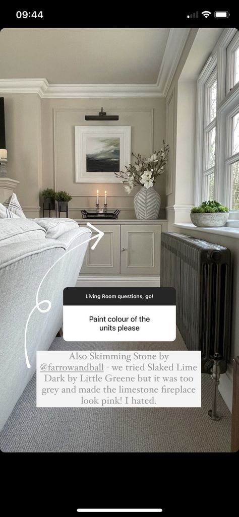 Living Room Skirting Board, F&b Skimming Stone, Skimming Stone Panelling, Skimming Stone Lounge, Skimming Stone Living Room, Chimney Breast Ideas, Room Panelling, French Lounge, House Paints